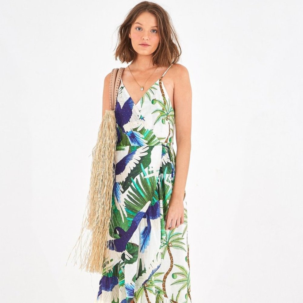 Farm Rio Mixed Palm Wrap Midi Dress